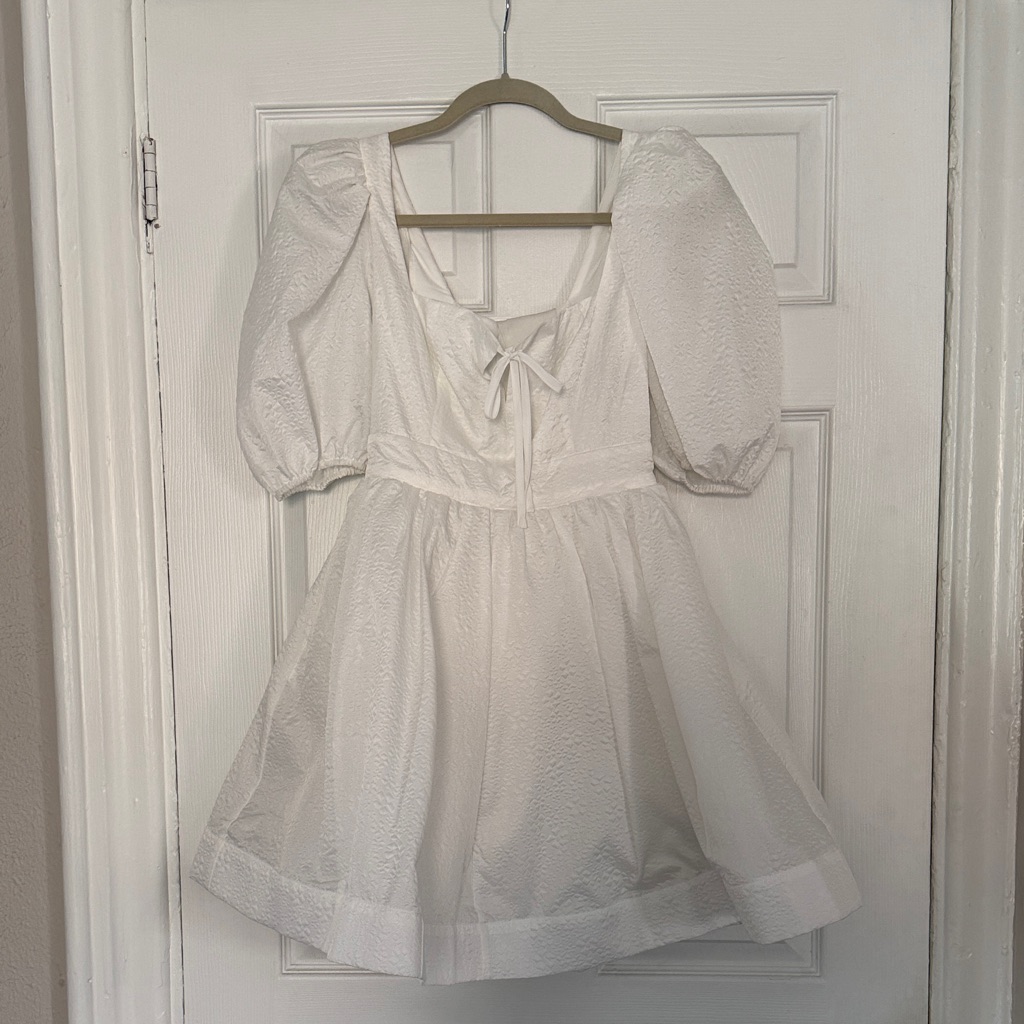 White Puff-Sleeve Kids Dress With Bow Back